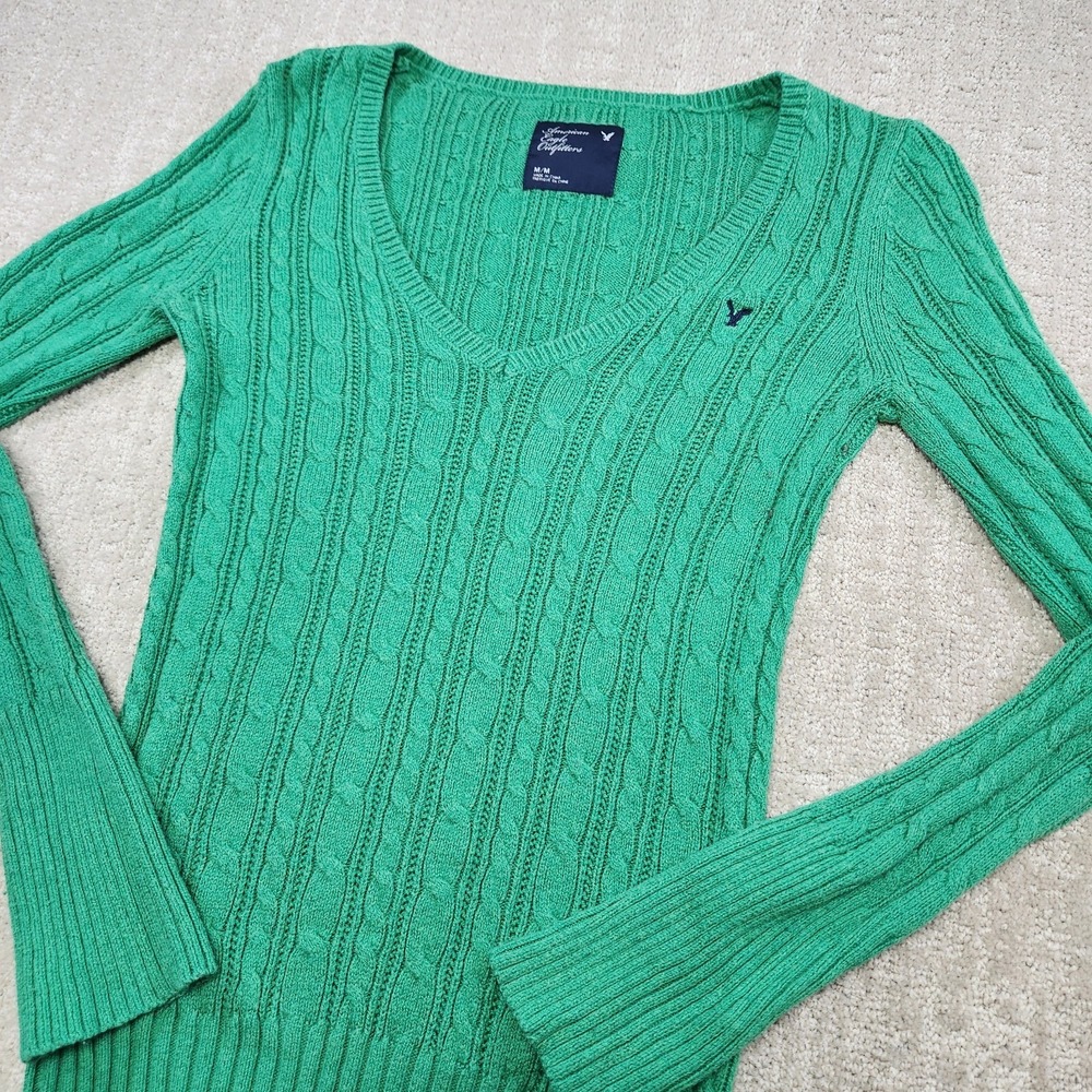 Vintage American Eagle Baby Doll Top Shirt Women Medium Cable Knit Green V Neck